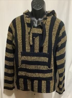 Vintage Artesanias Vega Baja Hoodie Sweatshirt Mens L Black Gold Mexican Woven